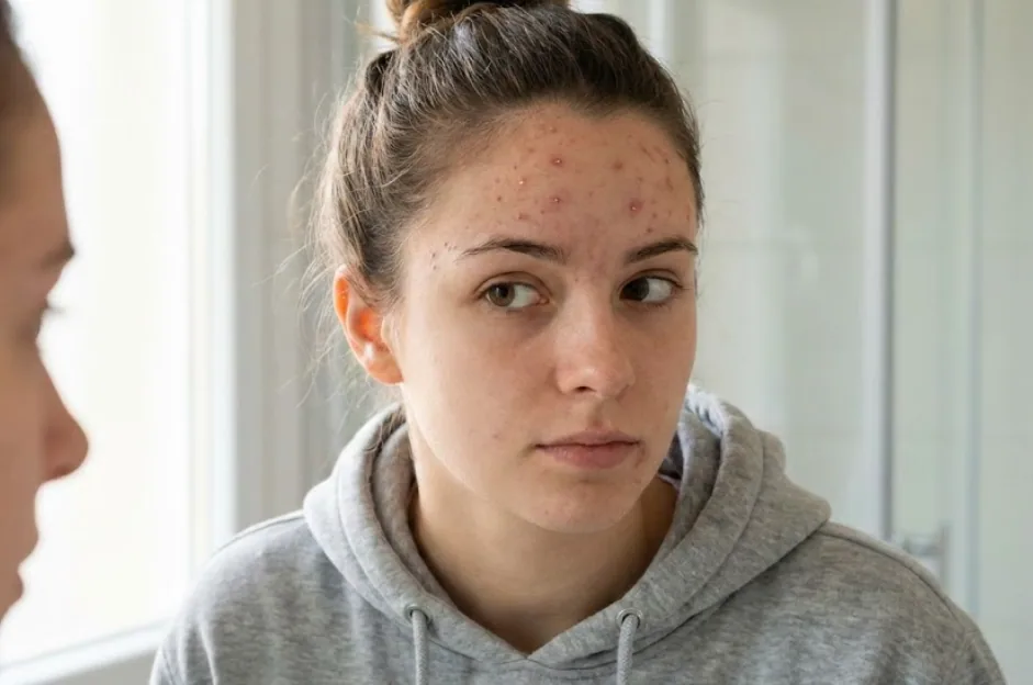 ragazza con brufoli sulla fronte del viso si guarda allo specchio