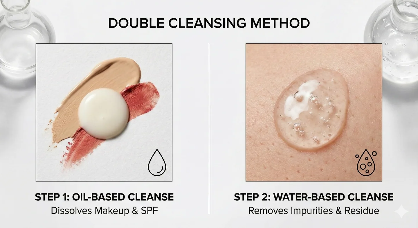 Le due fasi della doppia detersione nel metodo Meri Skin Perfect: latte nutriente e detergente attivo.