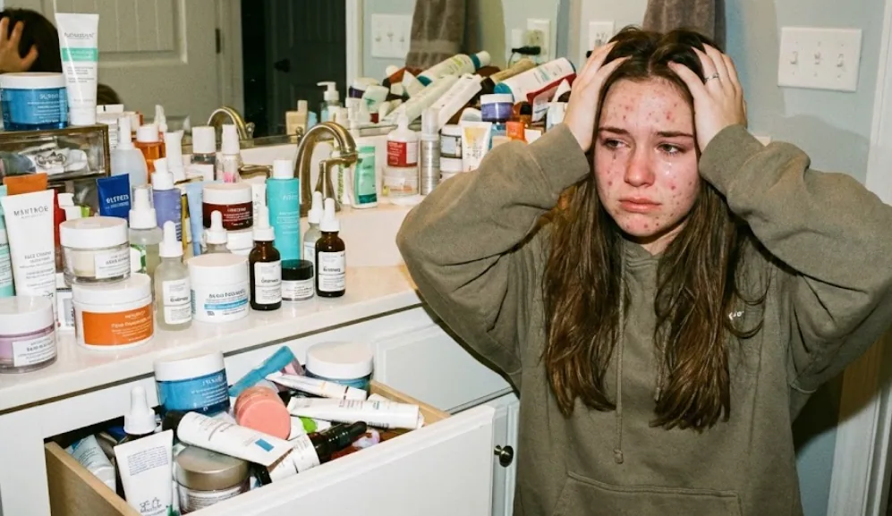 ragazza con creme brufoli in bagno e brufoli sul viso