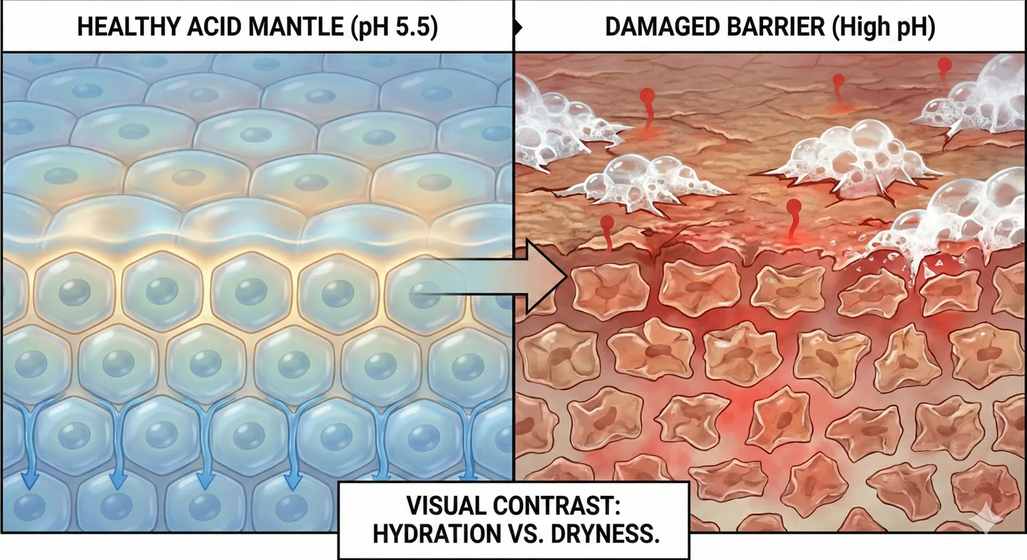 A split-screen microscopic comparison of the skin barrier section. The left side shows "HEALTHY ACID MANTLE (pH 5.5)": plump, hydrated skin cells tightly packed like bricks with a smooth, protective lipid layer glowing softly. The right side shows "DAMAGED BARRIER (High pH)": flaky, shrunken skin cells with gaps between them, the protective layer is stripped away, showing rough texture and underlying redness due to harsh soapy bubbles attacking the surface. Clear visual contrast between hydration and dryness.