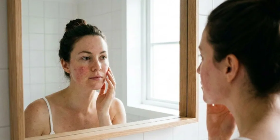 ragazza si guarda allo specchio con viso brufoli e macchie rosse
