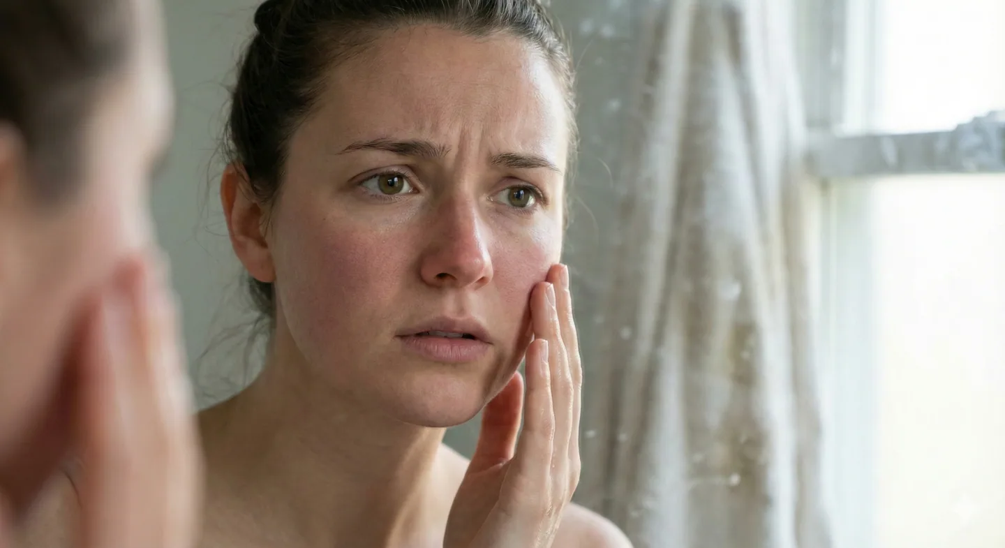 A candid, close-up photograph of a young woman in her 20s looking into a bathroom mirror with a concerned, uncomfortable expression. She is gently touching her cheek with the back of her hand after washing her face. Her skin looks overly matte, tight, and slightly reddened, lacking natural glow. The lighting is natural bathroom light, slightly harsh. The focus is on the texture of her stressed skin and her worried eyes. Realistic, relatable, unretouched feel.