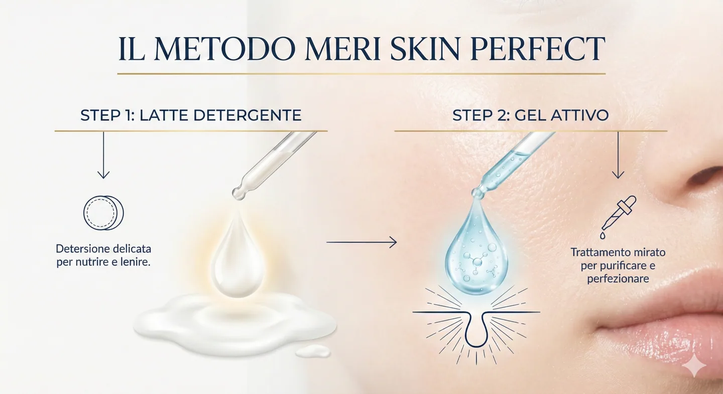 Infografica guida alla doppia detersione viso spiegata bene con i passaggi del metodo Meri Skin Perfect.