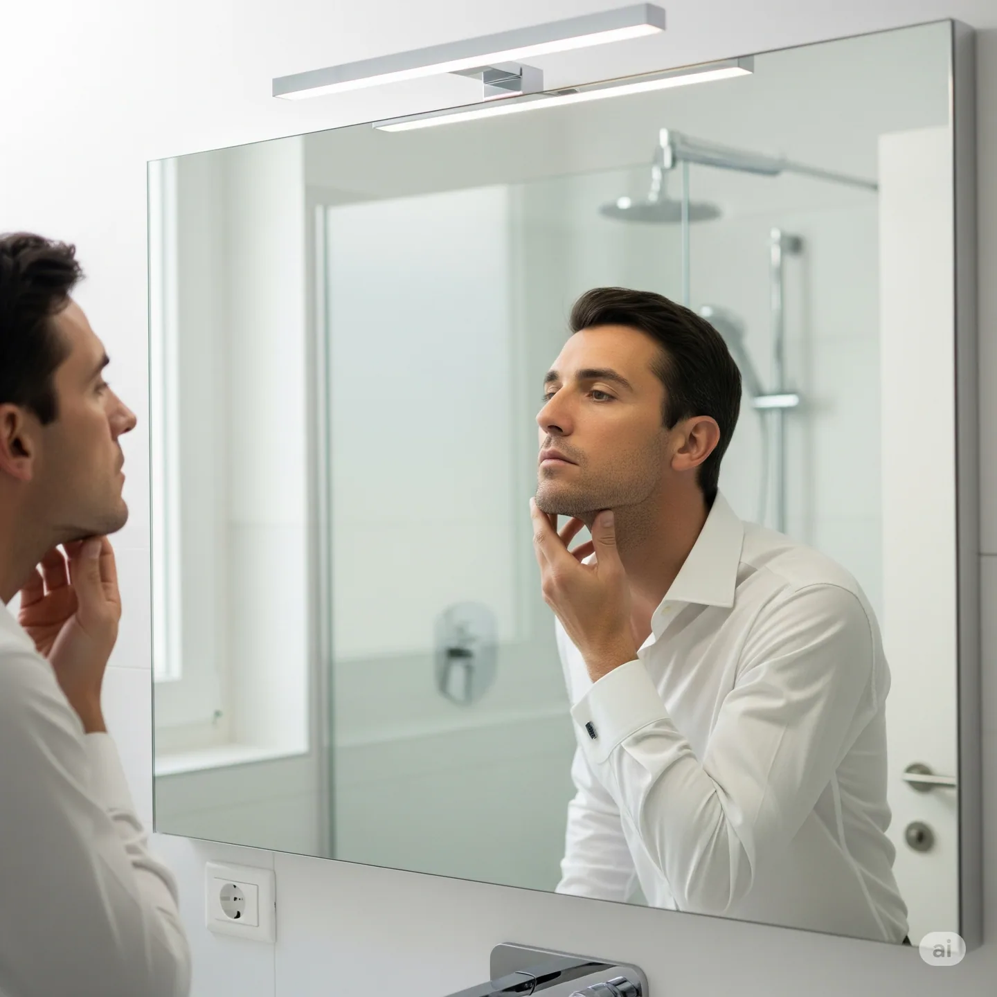 Uomo che esamina il suo viso cercando una soluzione per i brufoli sul viso da uomo ad Asti.