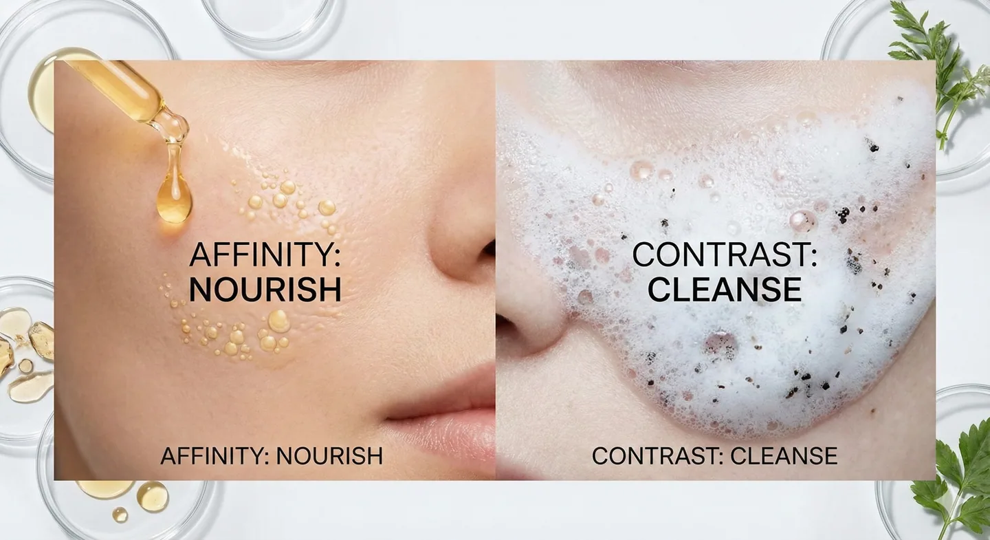 Differenza visiva tra detersione per affinità o contrasto olio nutriente vs schiuma purificante.