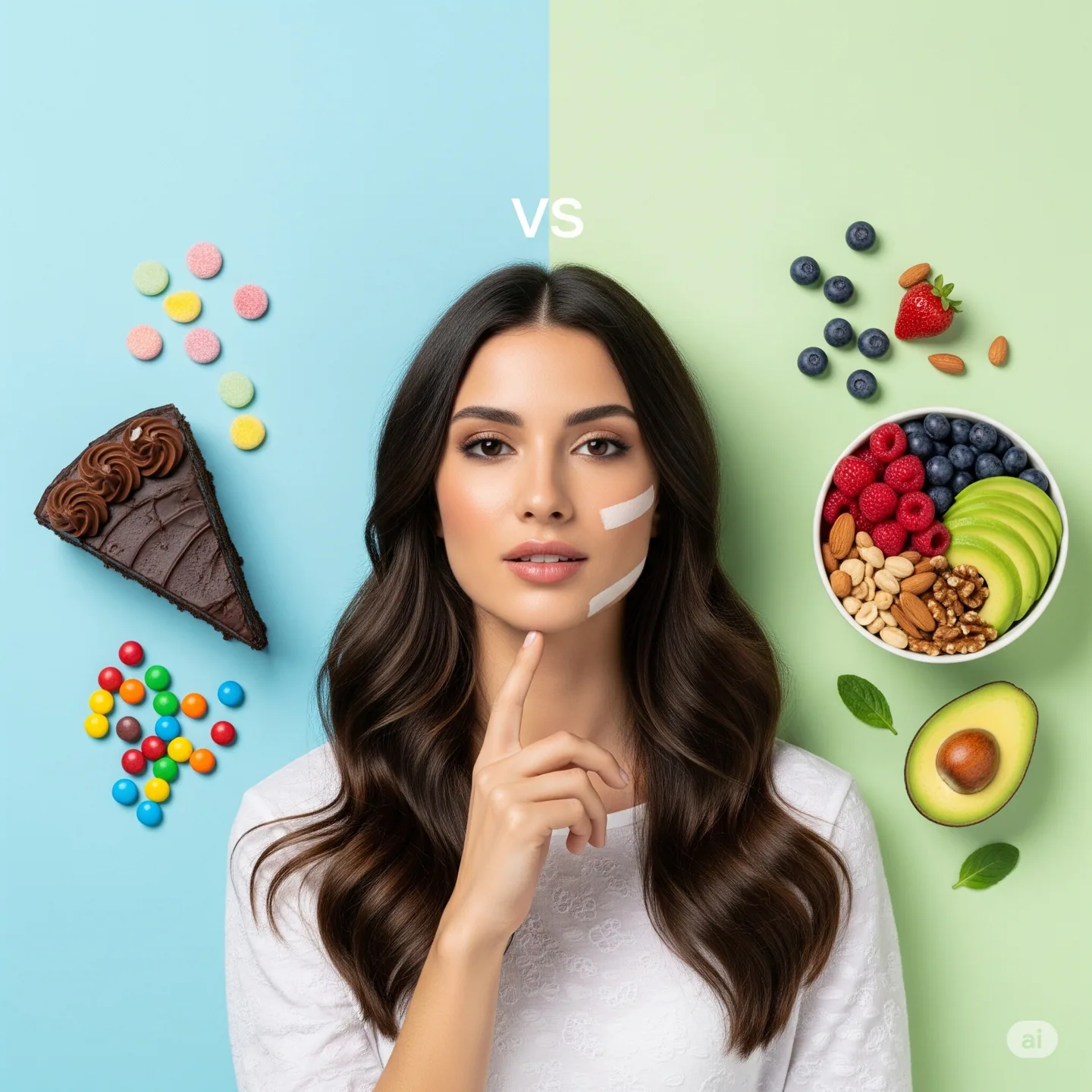 Donna che sceglie tra cibi sani e processati, concetto chiave nel legame tra alimentazione e brufoli discusso ad Asti.