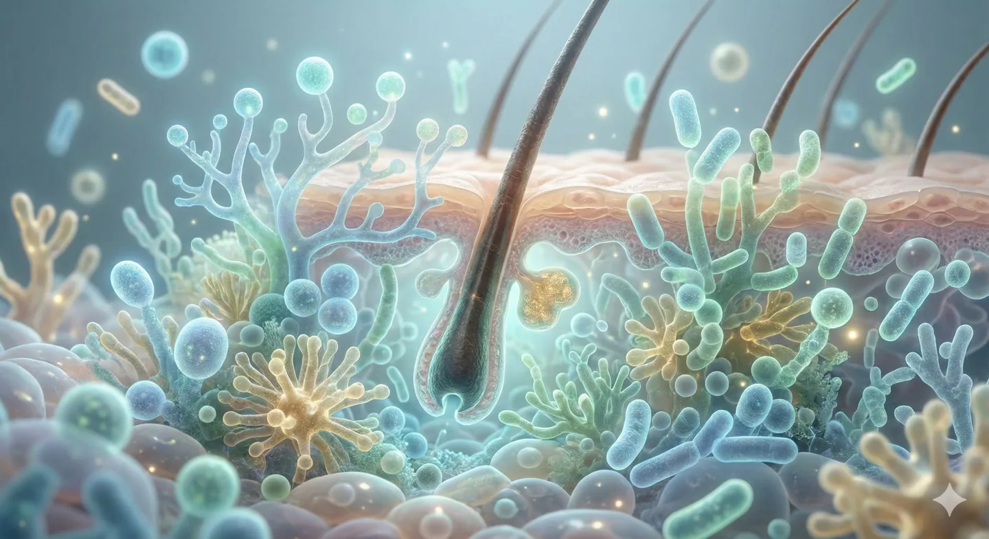 A conceptual, artistic macro visualization of the human skin microbiome surface. It should look like a delicate, thriving microscopic coral reef or garden, not a disease. Translucent, bioluminescent microorganisms of various friendly shapes (spheres, rods) in soft blues, greens, and golden colors are clustered gently around a healthy hair follicle and skin cells. The overall feeling is one of balance, harmony, and fragile beauty. Scientific illustration style with a magical glow.
