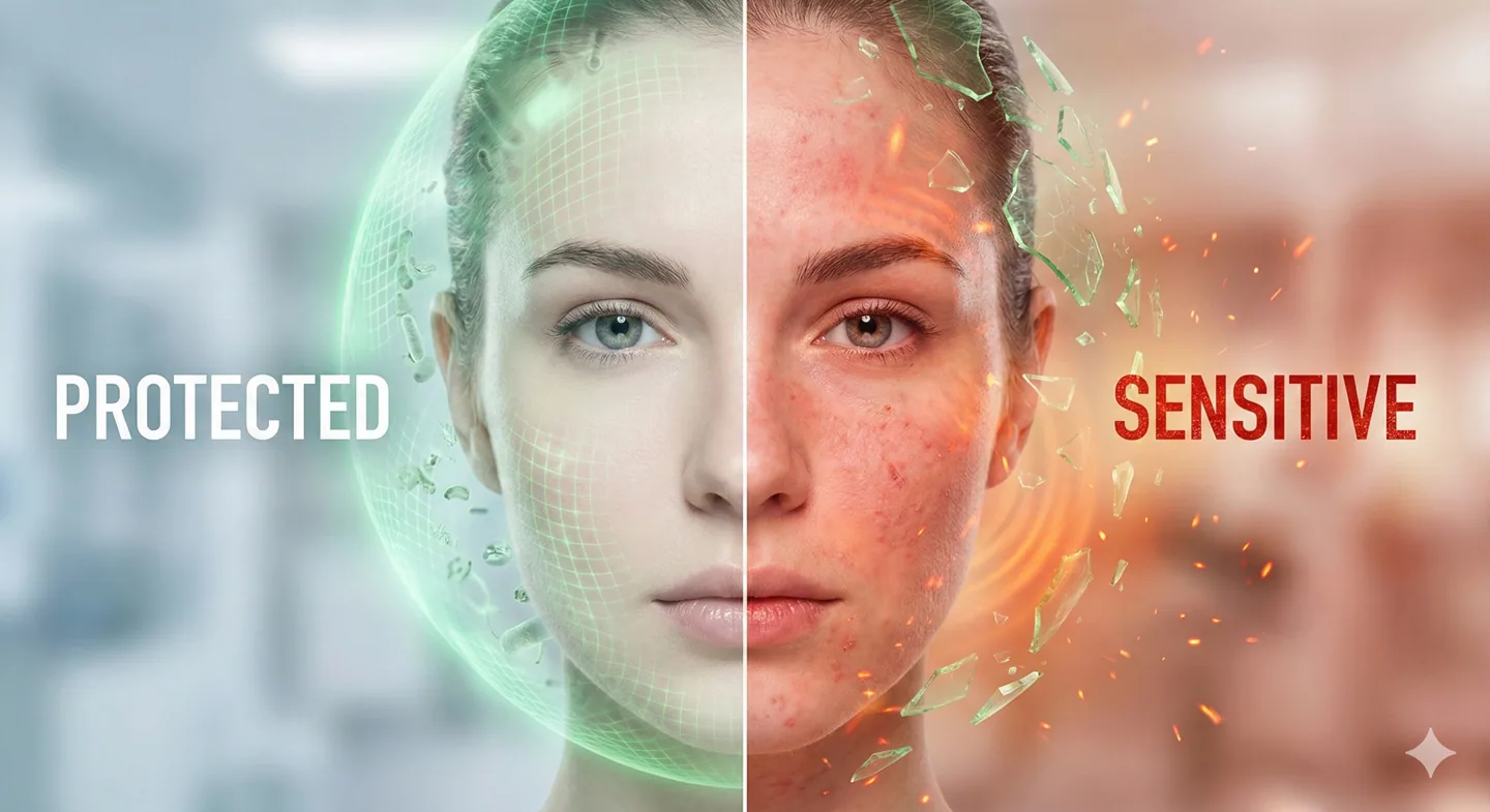 "Confronto visivo tra pelle sana protetta e irritazione causata da squilibri tra microbiota viso e pelle sensibile."