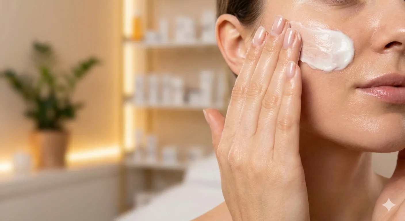 Close-up of a woman's hands applying a rich, white cream texture to her face with a gentle, caring motion. The skin looks hydrated. Background is a blurred professional aesthetic studio in warm tones.