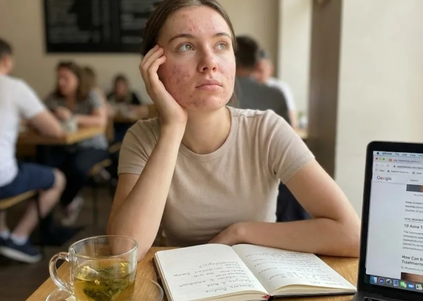 ragazza con brufoli sul viso pensa su come rimuovere brufoli dal viso