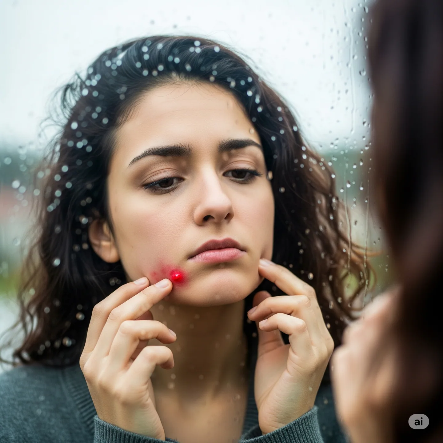 Donna con espressione dispiaciuta che tocca un brufolo sul mento, rappresentando il disagio causato dai brufoli ormonali ad Asti