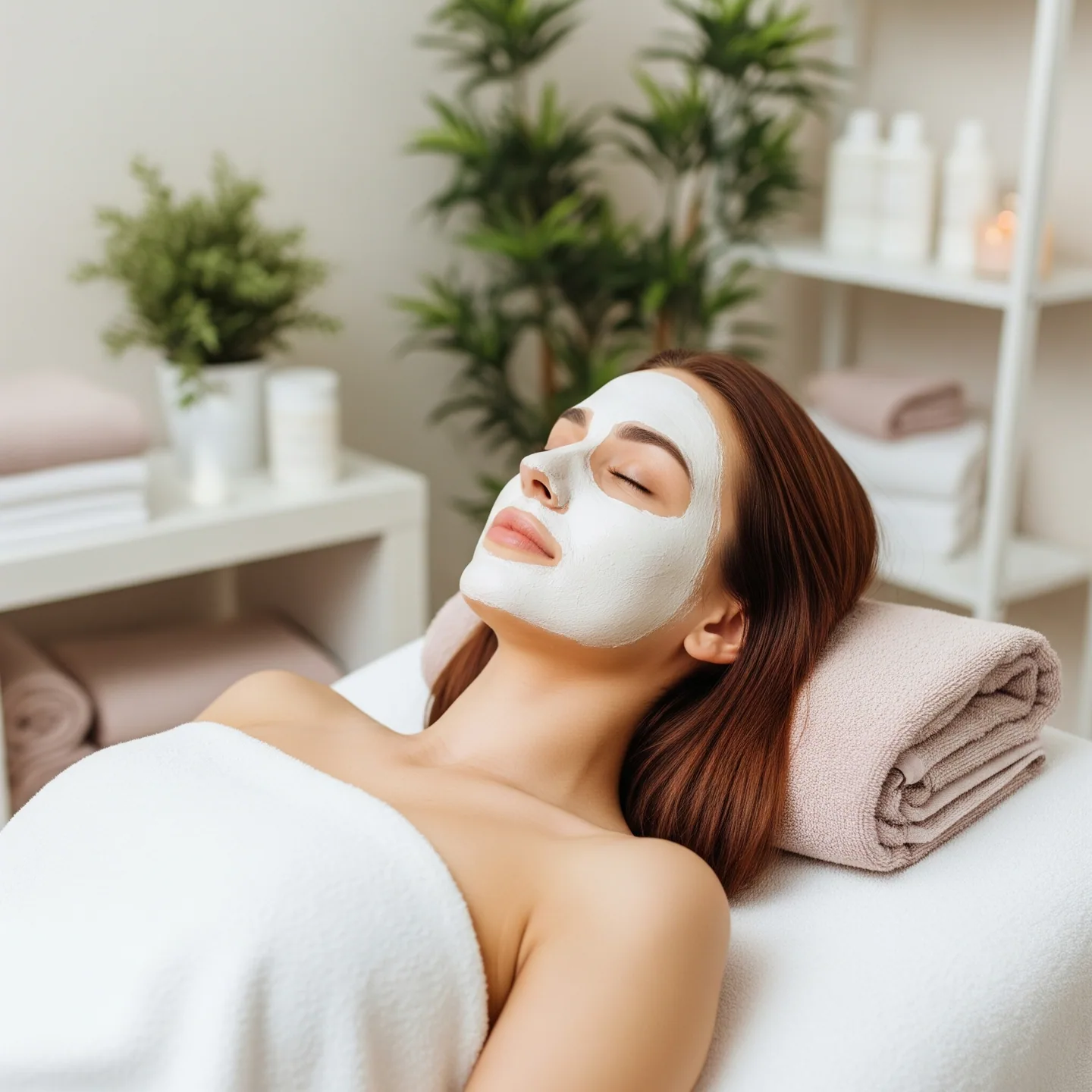 Donna che riceve una maschera viso generica, passaggio comune in una pulizia viso per brufoli ad Asti non specialistica.