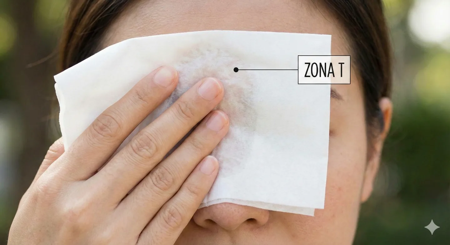 Esecuzione del tissue test o test del fazzoletto per analizzare il sebo cutaneo.